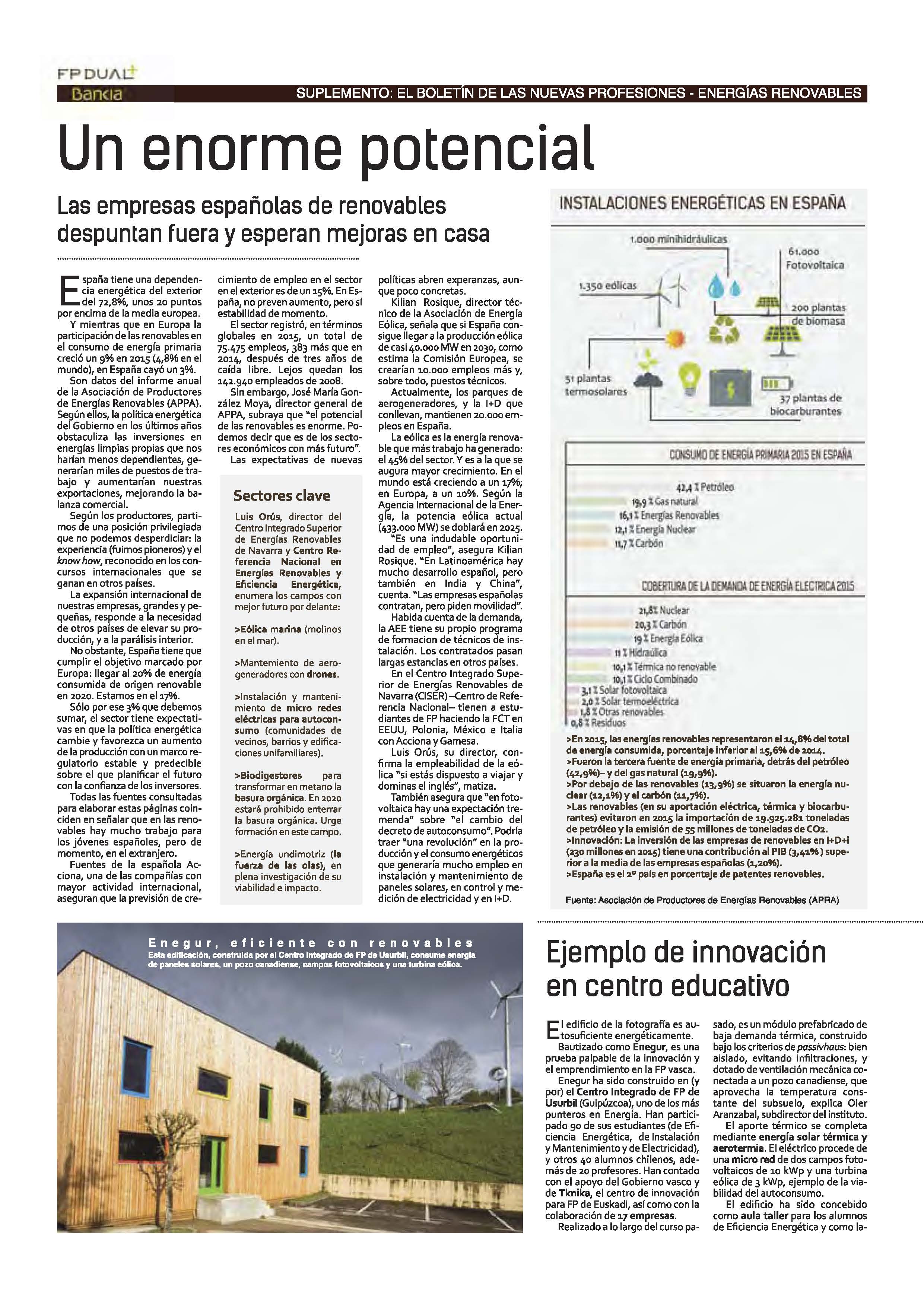 New jobs: renewable energies. Source: Magisterio Magazine (Article in Spanish)
